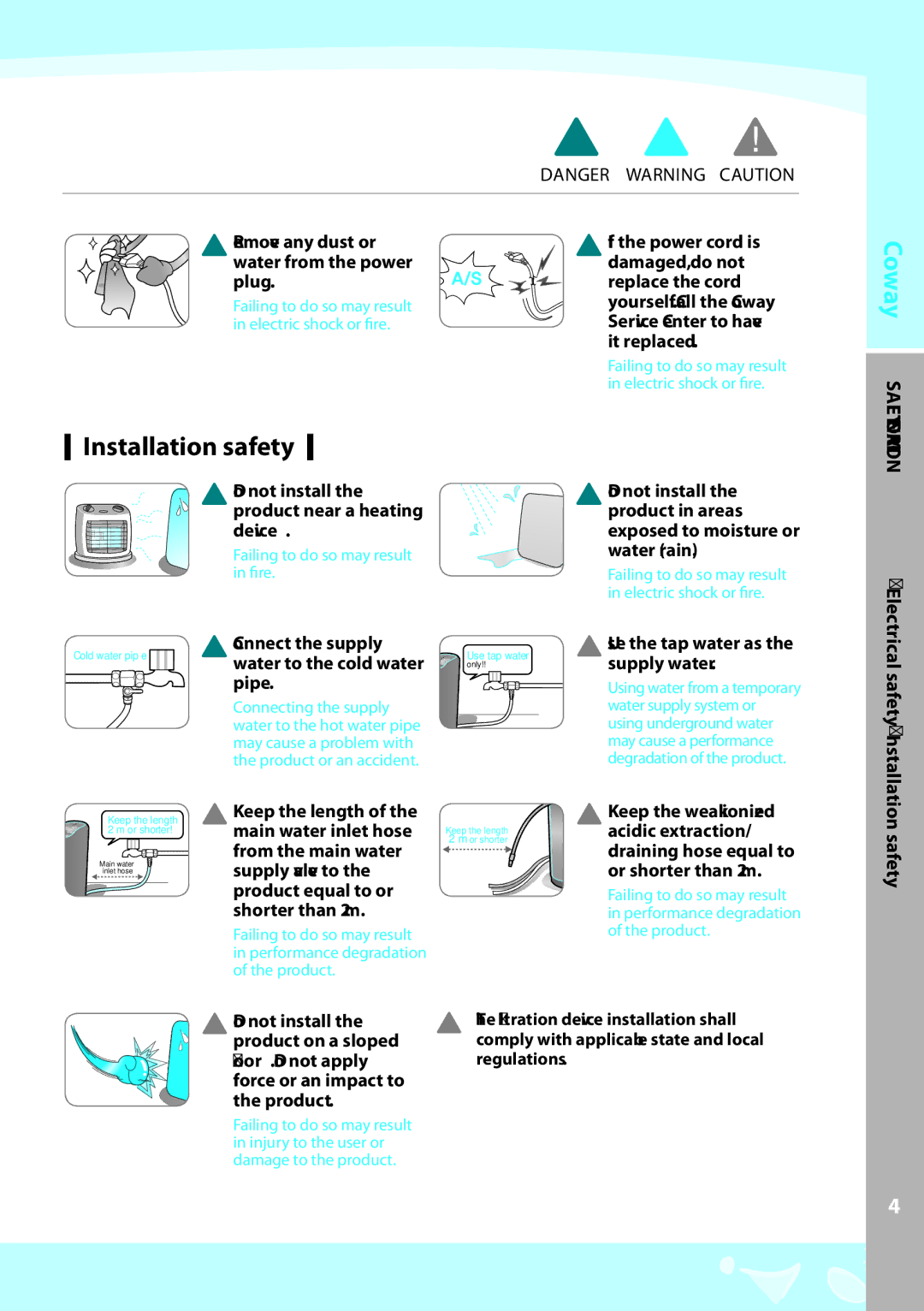 Coway EW-07GU Installation safety, Remove any dust or water from the power plug, Use the tap water as the supply water 