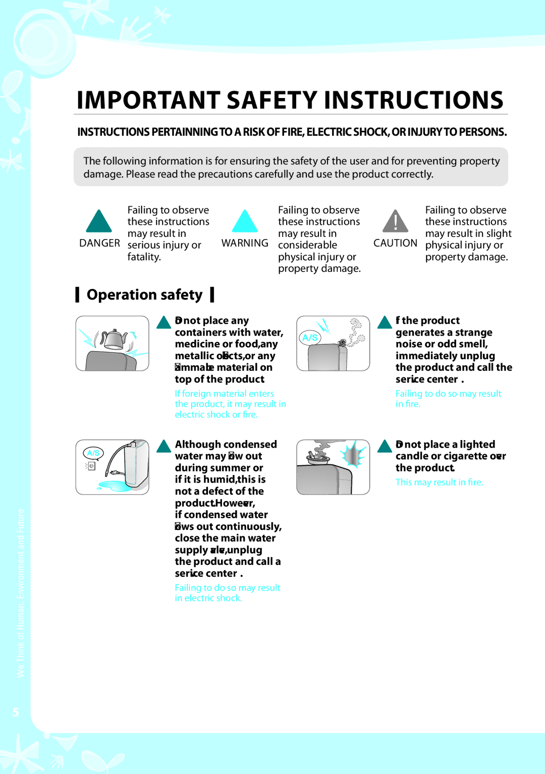 Coway EW-07GU warranty Operation safety, Do not place a lighted candle or cigarette over the product 