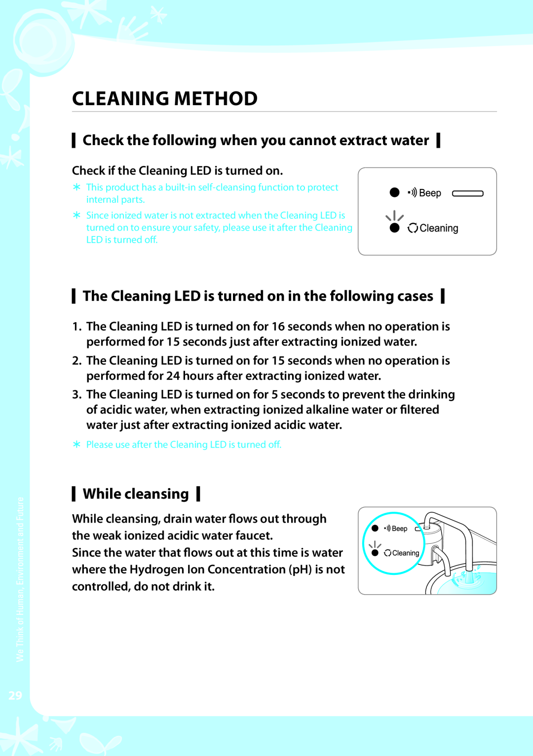 Coway EW-07GU Check the following when you cannot extract water, The Cleaning LED is turned on in the following cases 