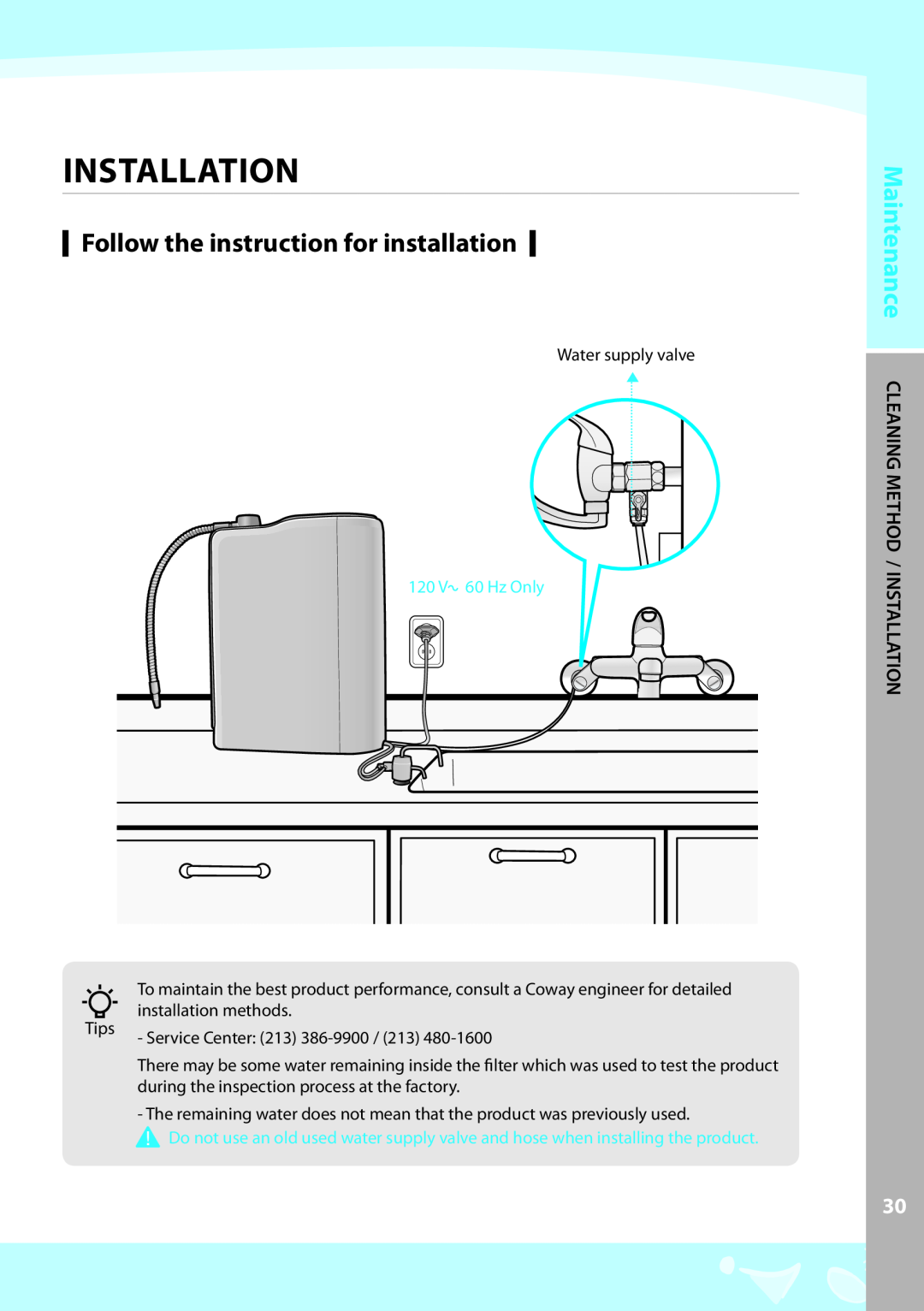 Coway EW-07GU warranty Installation, Follow the instruction for installation, 120 V 60 Hz Only 