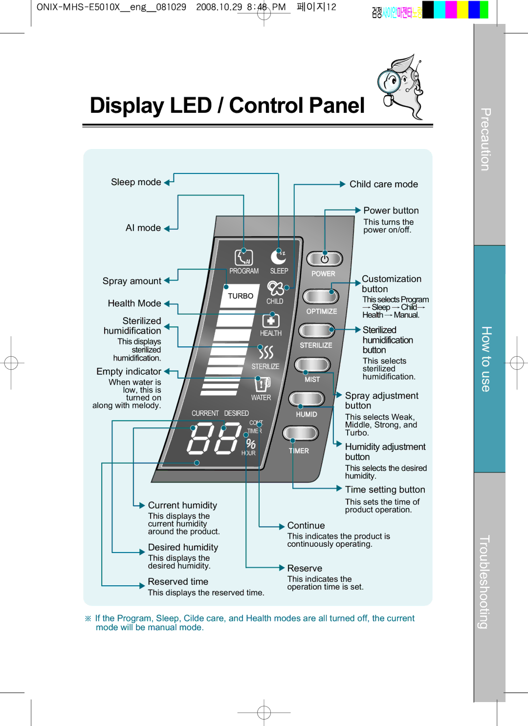 Coway MHS-E5010X manual Display LED / Control Panel 