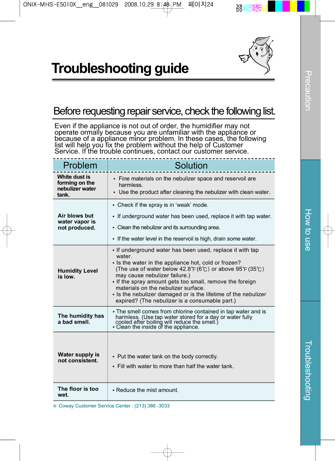 Coway MHS-E5010X manual Troubleshooting guide, Before requesting repair service, check the following list 