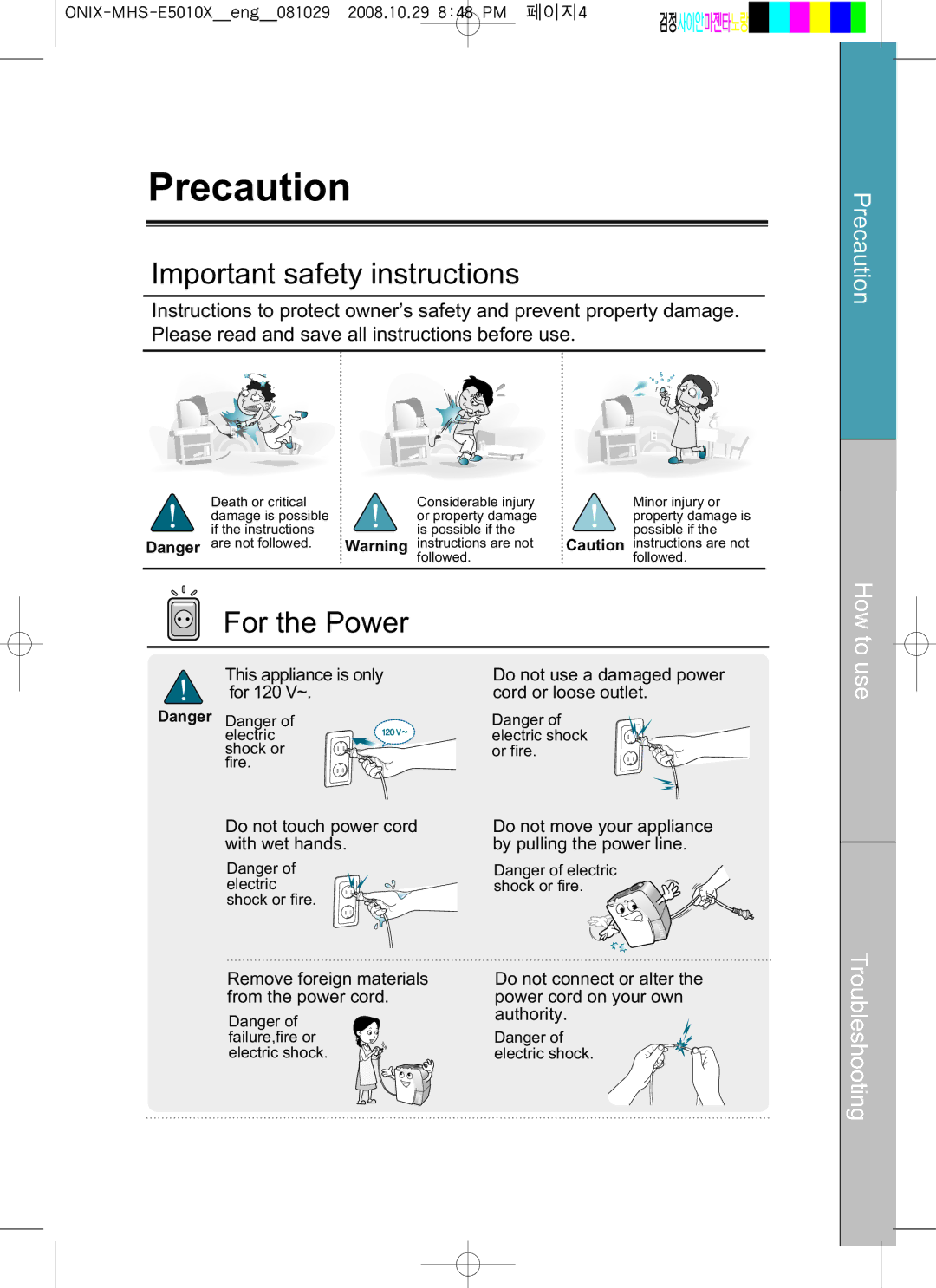 Coway MHS-E5010X manual Precaution, Important safety instructions, For the Power 