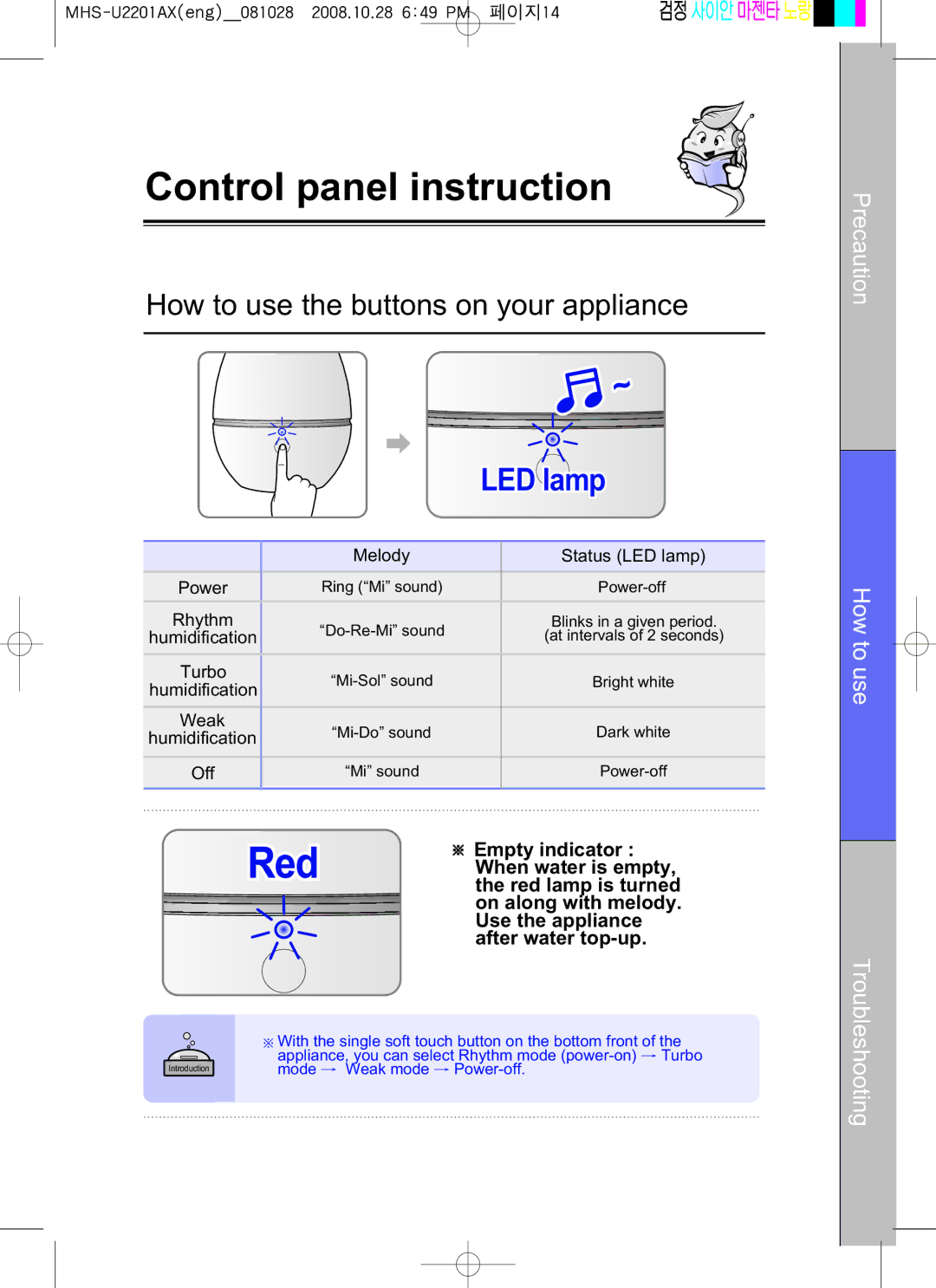 Coway MHS-U2201AX manual Control panel instruction, How to use the buttons on your appliance 