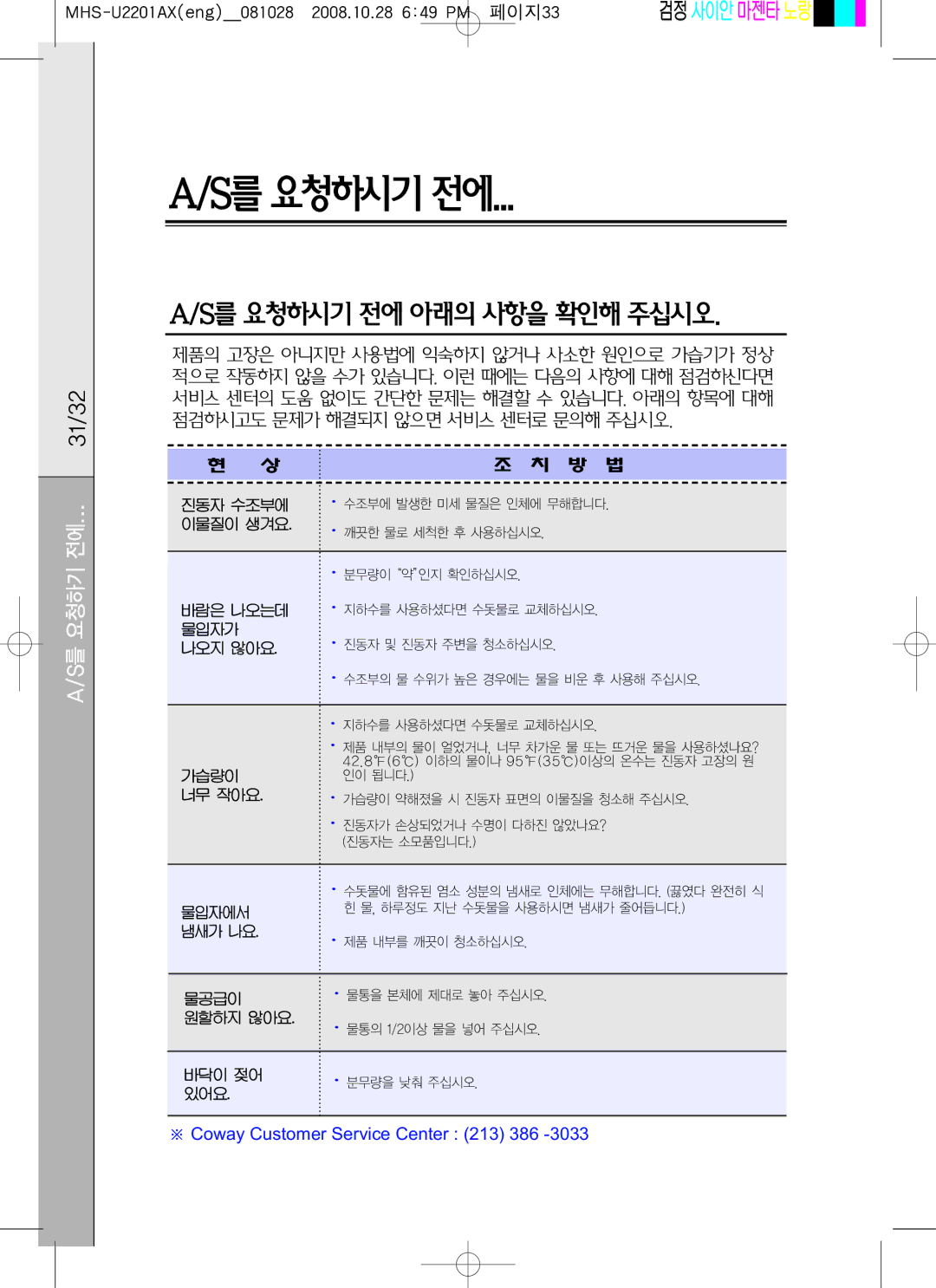 Coway MHS-U2201AX manual Coway Customer Service Center 213 386 