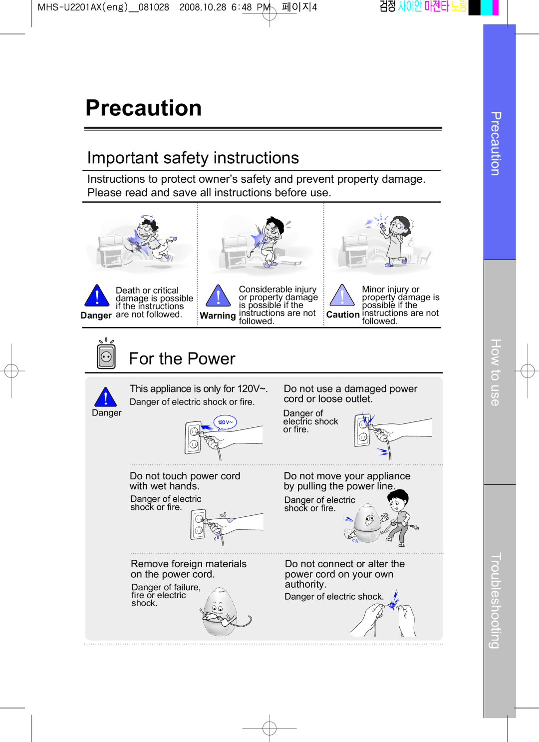 Coway MHS-U2201AX manual Important safety instructions, For the Power, Precaution How to, Use Troubleshooting 