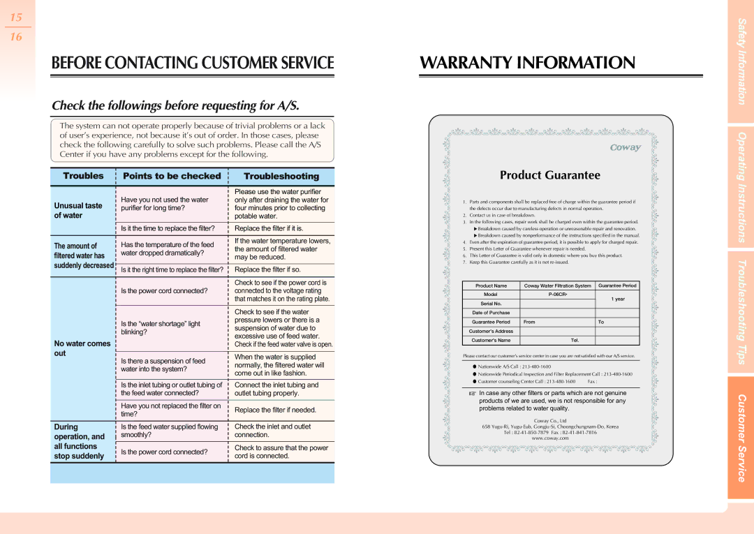 Coway P-06CR manual Warranty Information, Check the followings before requesting for A/S 