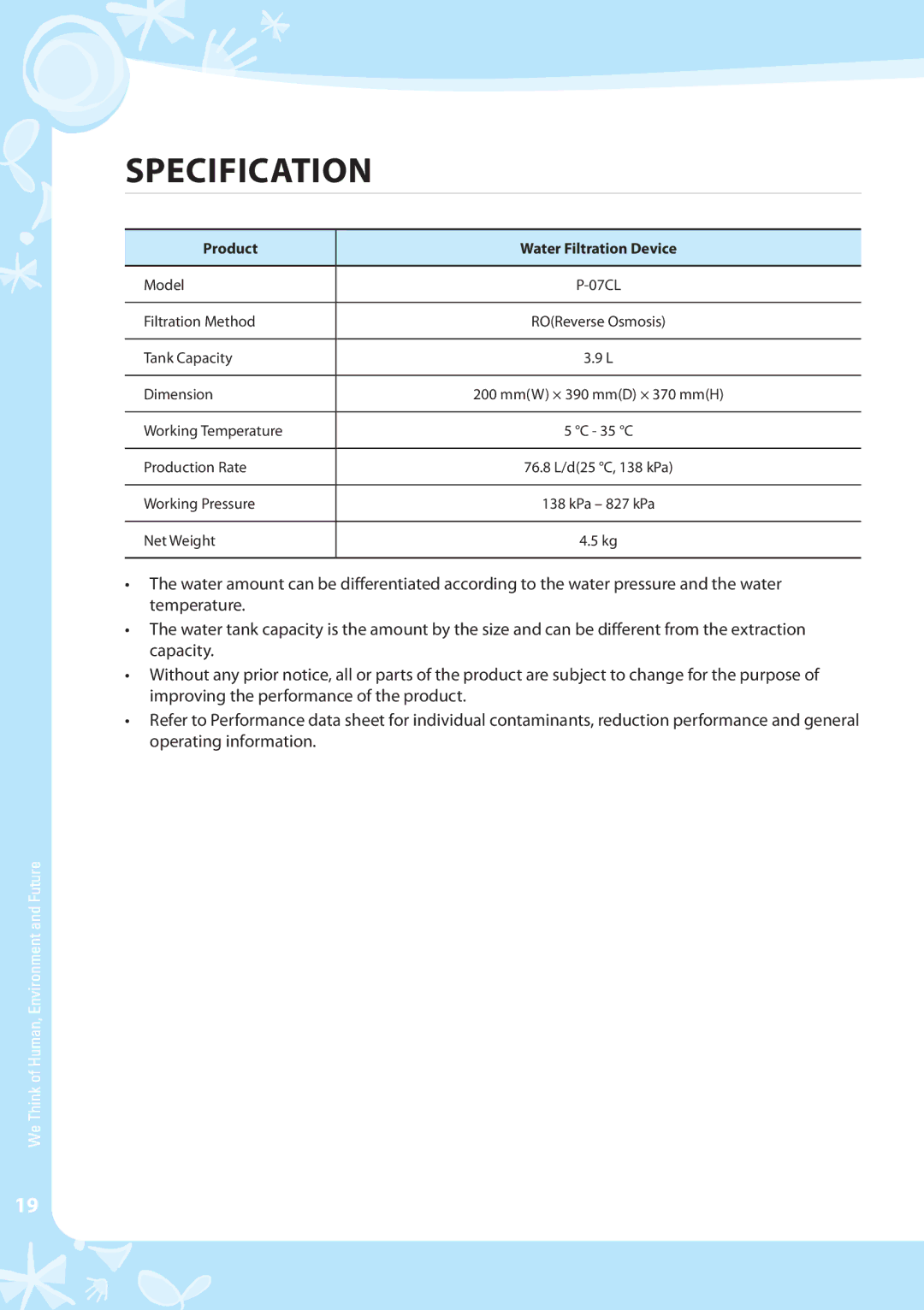 Coway P-07CL warranty Specification, Product Water Filtration Device 