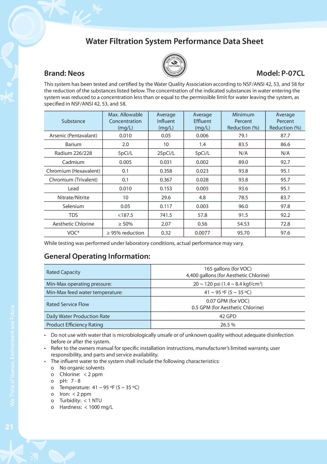 Coway P-07CL warranty Brand Neos, General Operating Information 