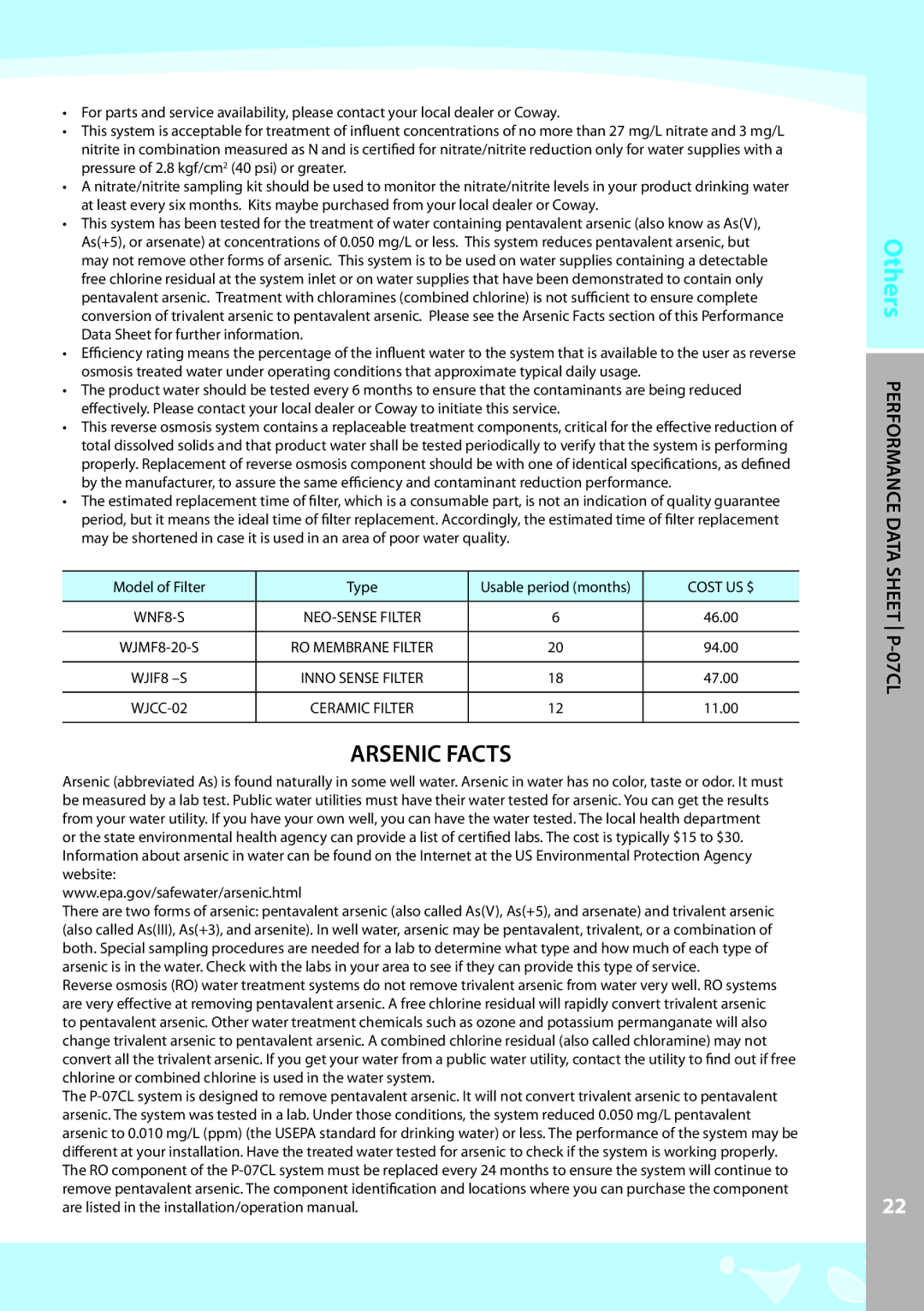 Coway P-07CL warranty Arsenic Facts 