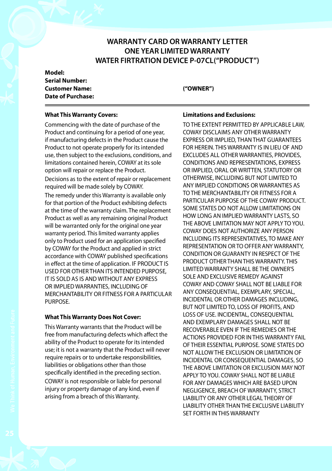 Coway P-07CL warranty What This Warranty Does Not Cover 