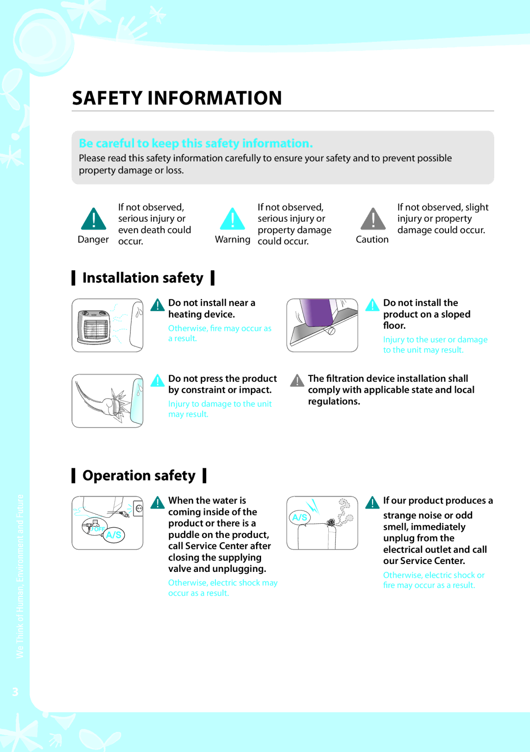 Coway P-07CL warranty Safety information, Installation safety, Operation safety 