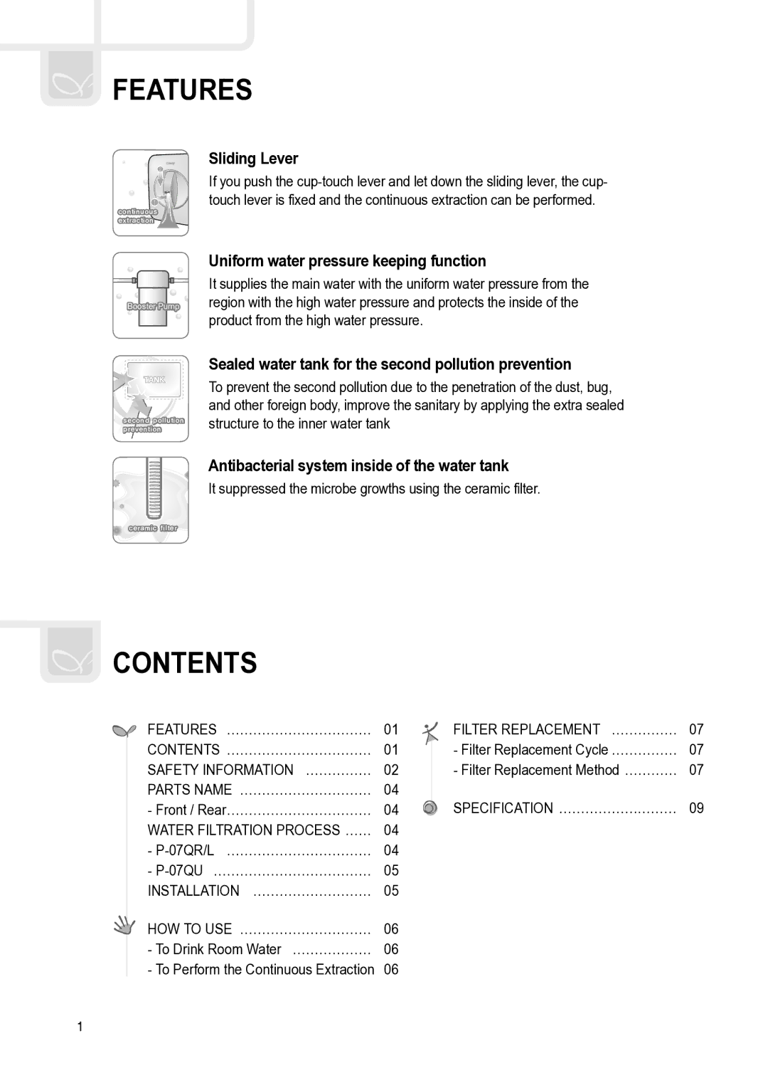 Coway P-07QL, P-07QU, P-07QR manual Features, Contents 