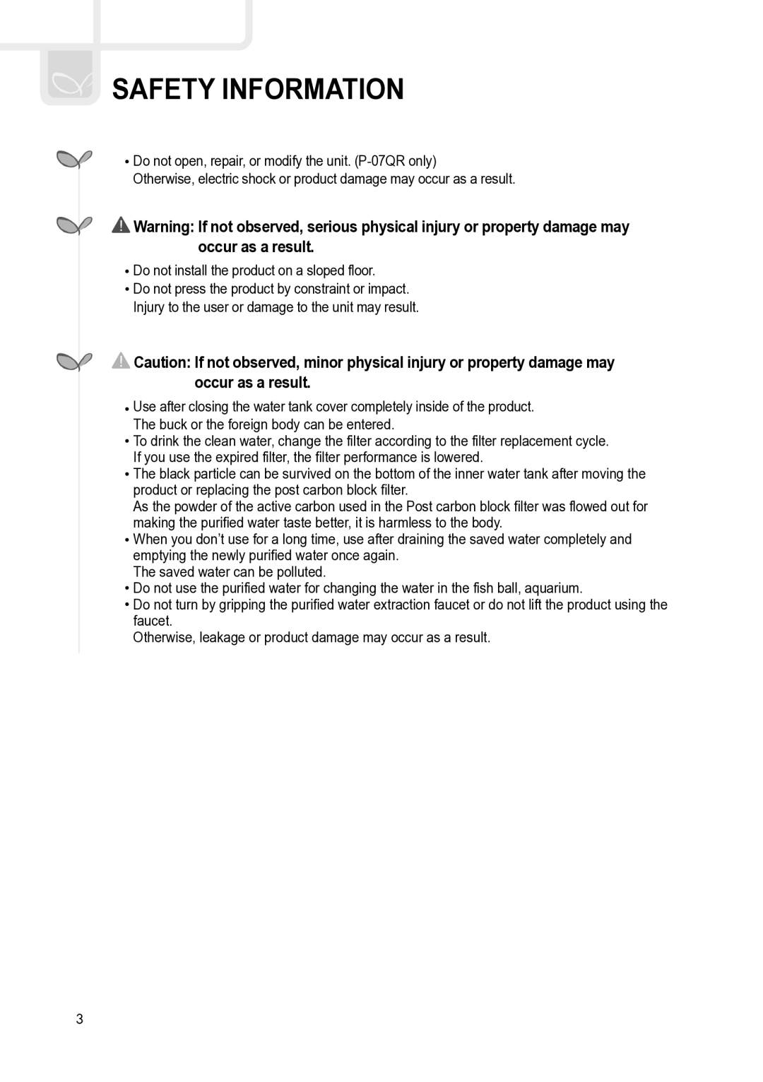 Coway P-07QR, P-07QU, P-07QL manual Safety Information 