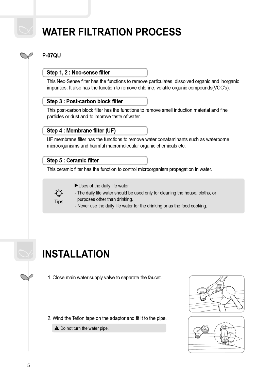 Coway P-07QU, P-07QR, P-07QL manual Installation, 07QU Neo-sense filter, Membrane filter UF 