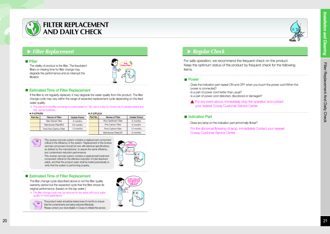 Coway P-07RV, P-07UV, P-07FUV, P-07FRV user manual Filter Replacement, Regular Check 