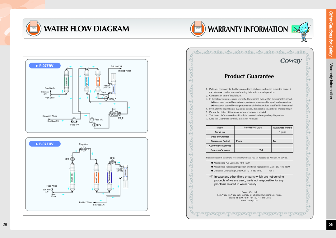 Coway P-07UV Other Cautions for Safety Warranty Information, Water Flow Diagram, Product Guarantee, P-07FRV, P-07FUV 