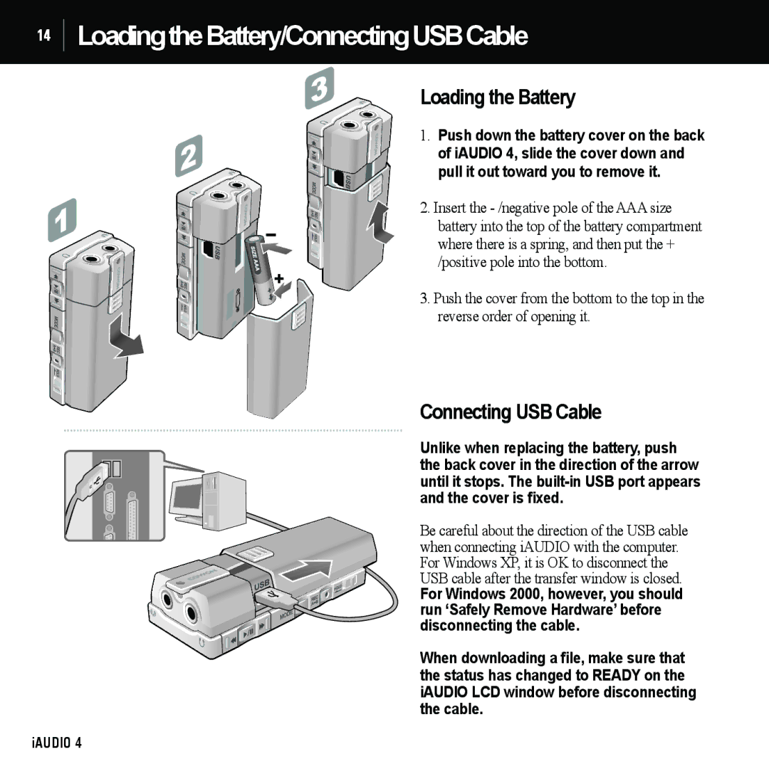 Cowon Systems 4 manual LoadingtheBattery/ConnectingUSBCable, Loading the Battery, Connecting USB Cable 