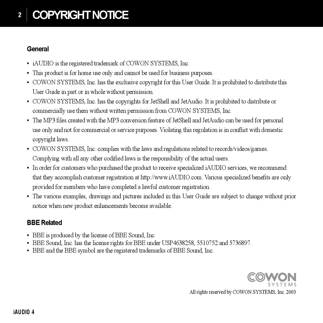 Cowon Systems 4 manual General, BBE Related 