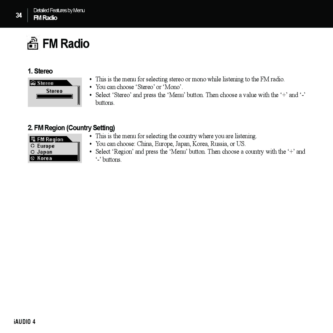 Cowon Systems 4 manual FM Radio, Stereo, FM Region Country Setting 