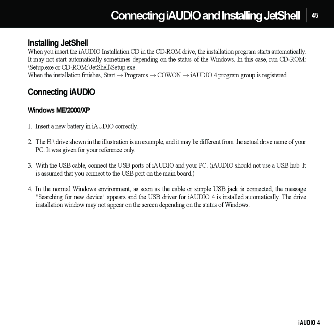 Cowon Systems 4 manual Installing JetShell, Connecting iAUDIO, Windows ME/2000/XP 