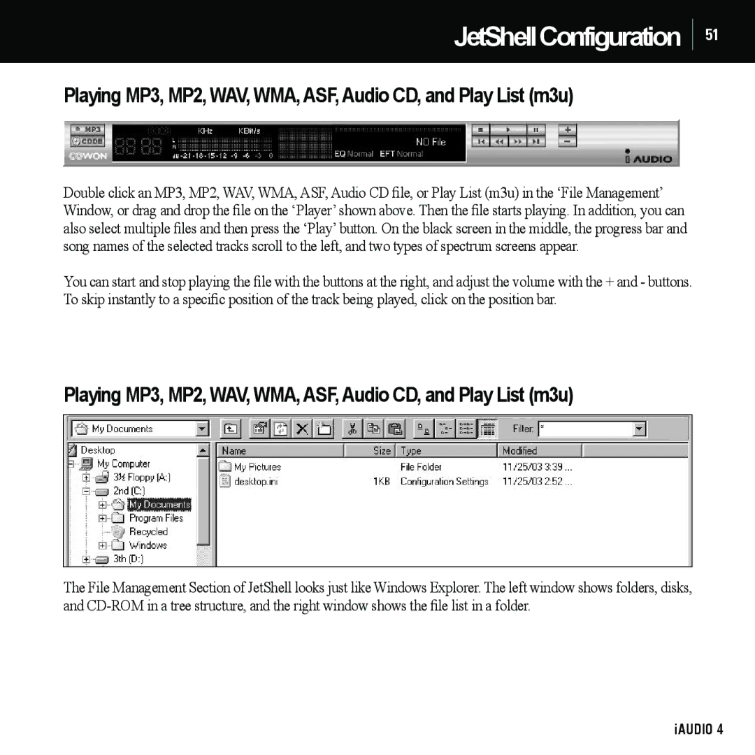 Cowon Systems 4 manual Playing MP3, MP2, WAV, WMA, ASF, Audio CD, and Play List m3u 