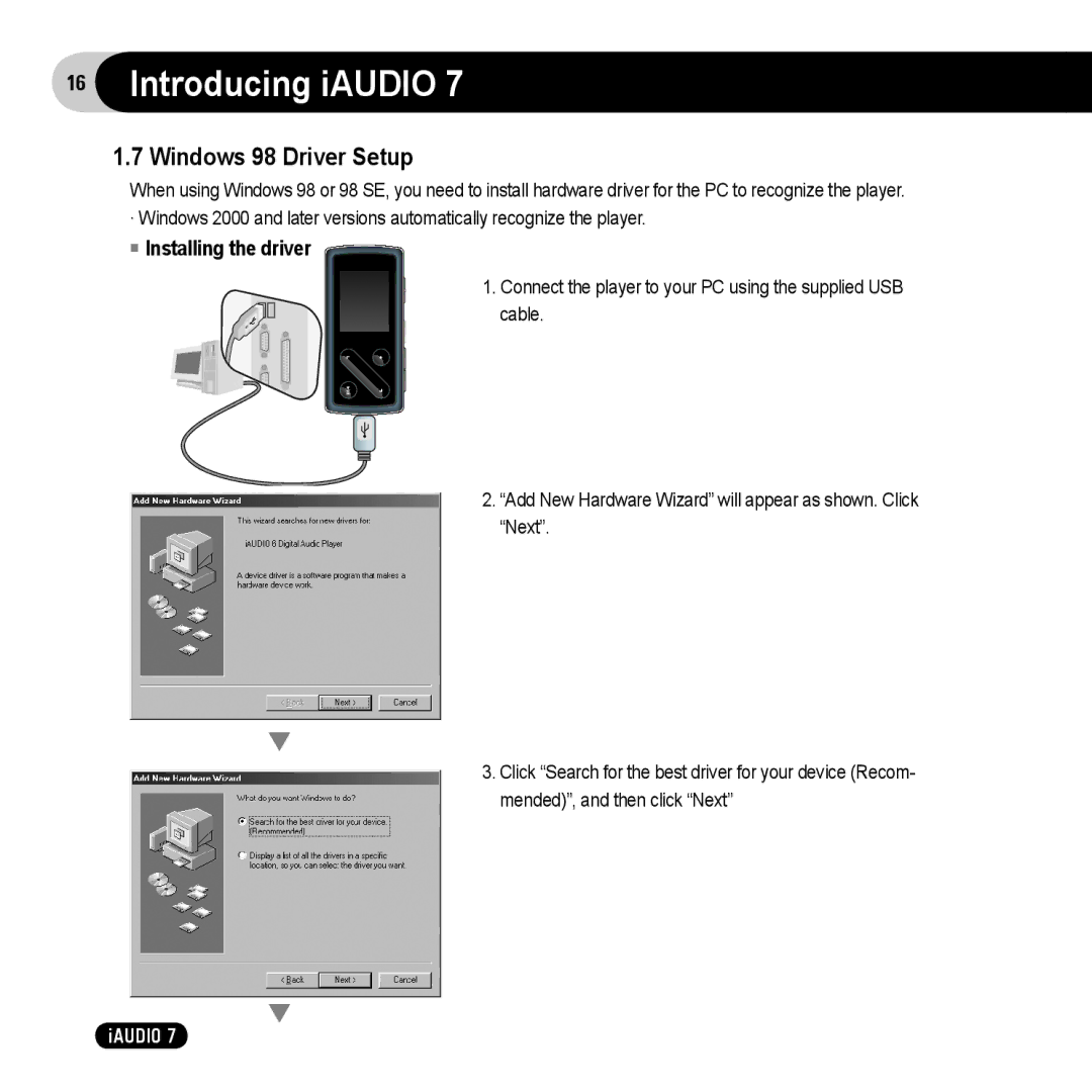 Cowon Systems 7 user manual Windows 98 Driver Setup 