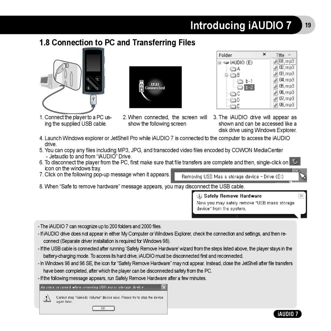 Cowon Systems 7 user manual Connection to PC and Transferring Files 