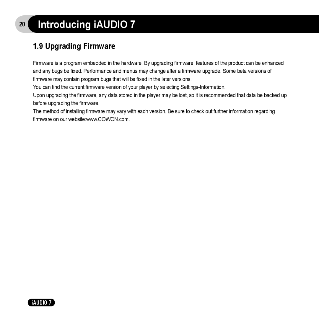 Cowon Systems 7 user manual Upgrading Firmware 