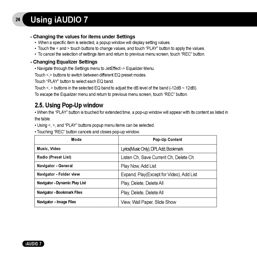 Cowon Systems 7 user manual Using Pop-Up window 