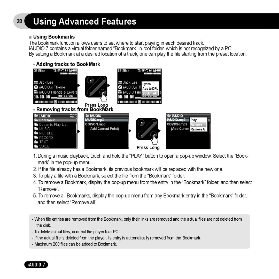 Cowon Systems 7 user manual Using Bookmarks, Adding tracks to BookMark, Removing tracks from BookMark 