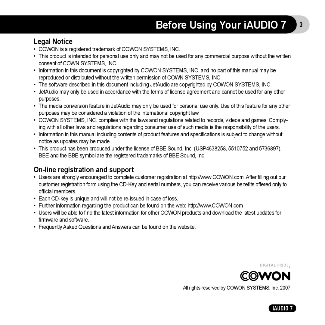 Cowon Systems 7 user manual Before Using Your iAUDIO, Legal Notice, On-line registration and support 