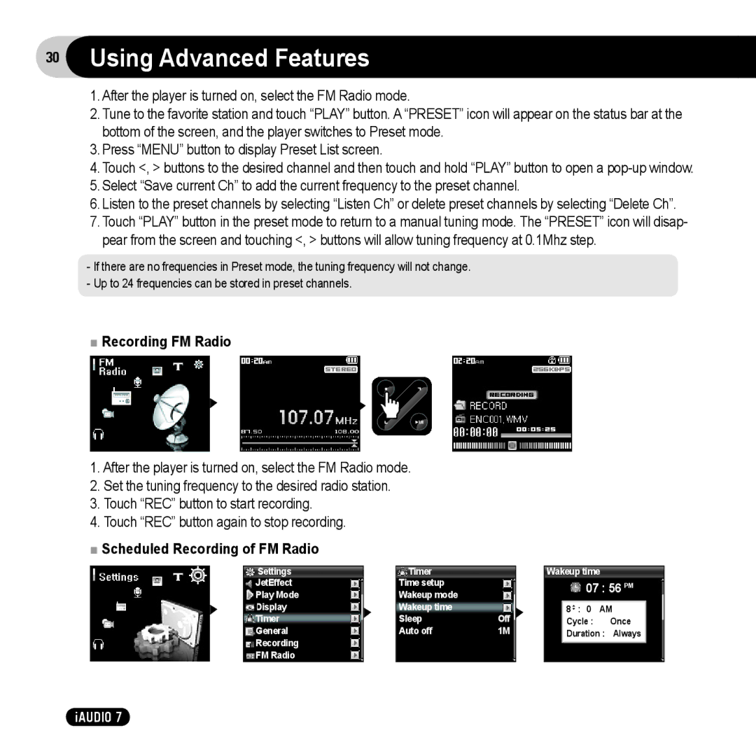 Cowon Systems 7 user manual Recording FM Radio, Scheduled Recording of FM Radio 