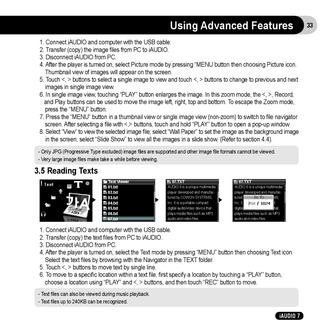 Cowon Systems 7 user manual Reading Texts, Touch , buttons to move text by single line 