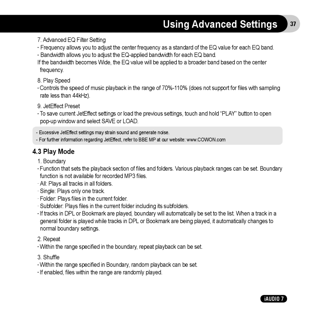 Cowon Systems 7 user manual Play Mode, Advanced EQ Filter Setting 