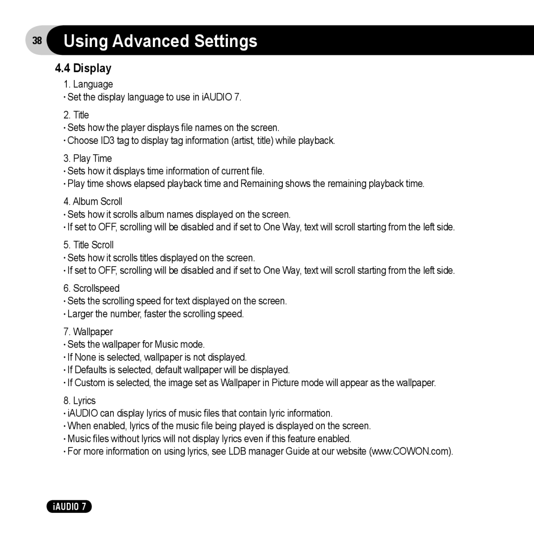 Cowon Systems 7 user manual Display 