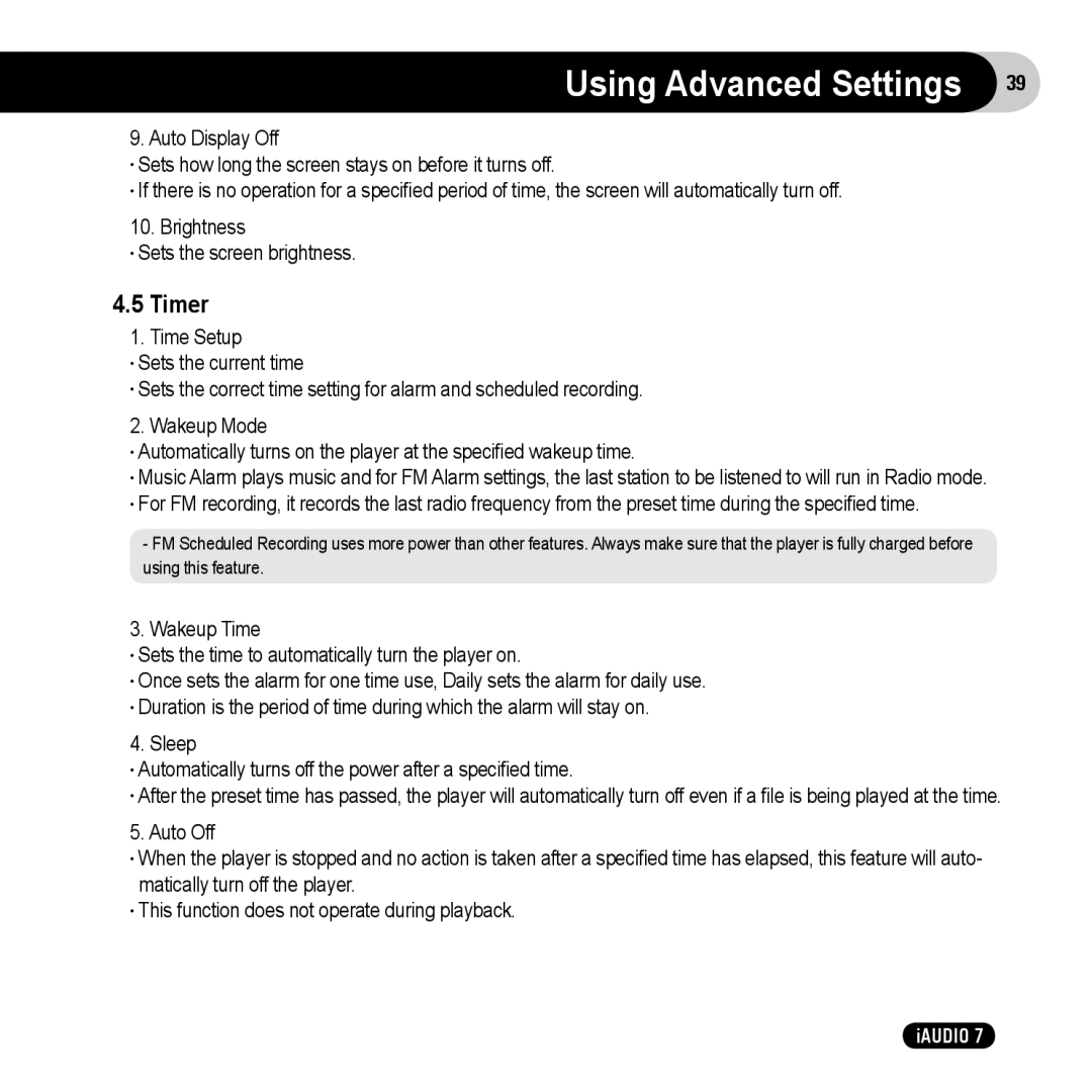 Cowon Systems 7 user manual Timer 