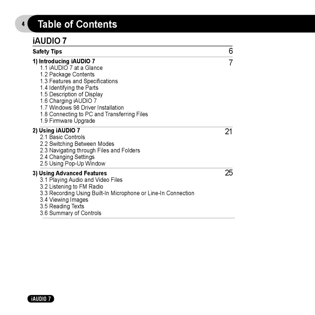 Cowon Systems 7 user manual Table of Contents 