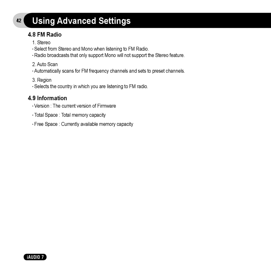 Cowon Systems 7 user manual FM Radio, Information 