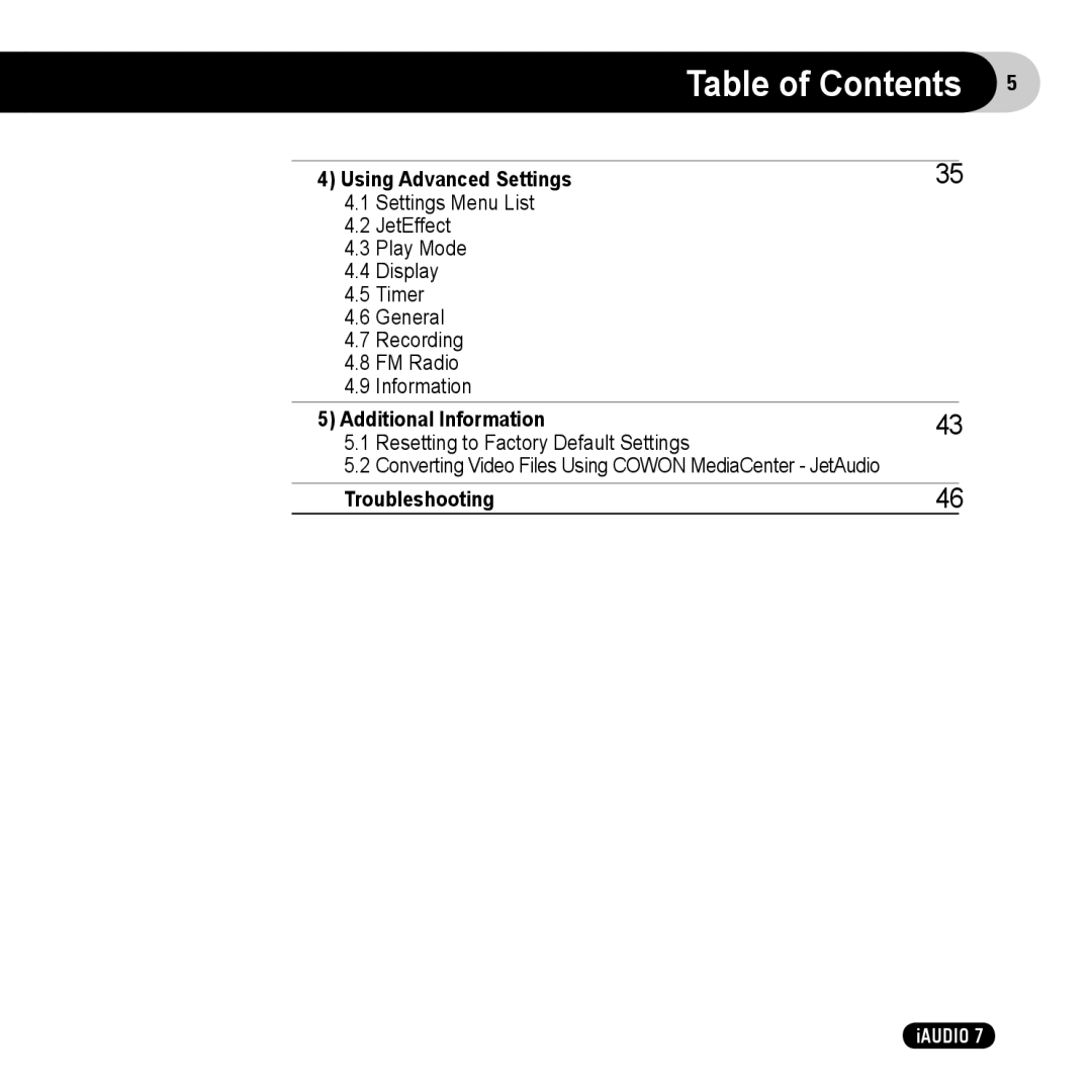 Cowon Systems 7 user manual Table of Contents 