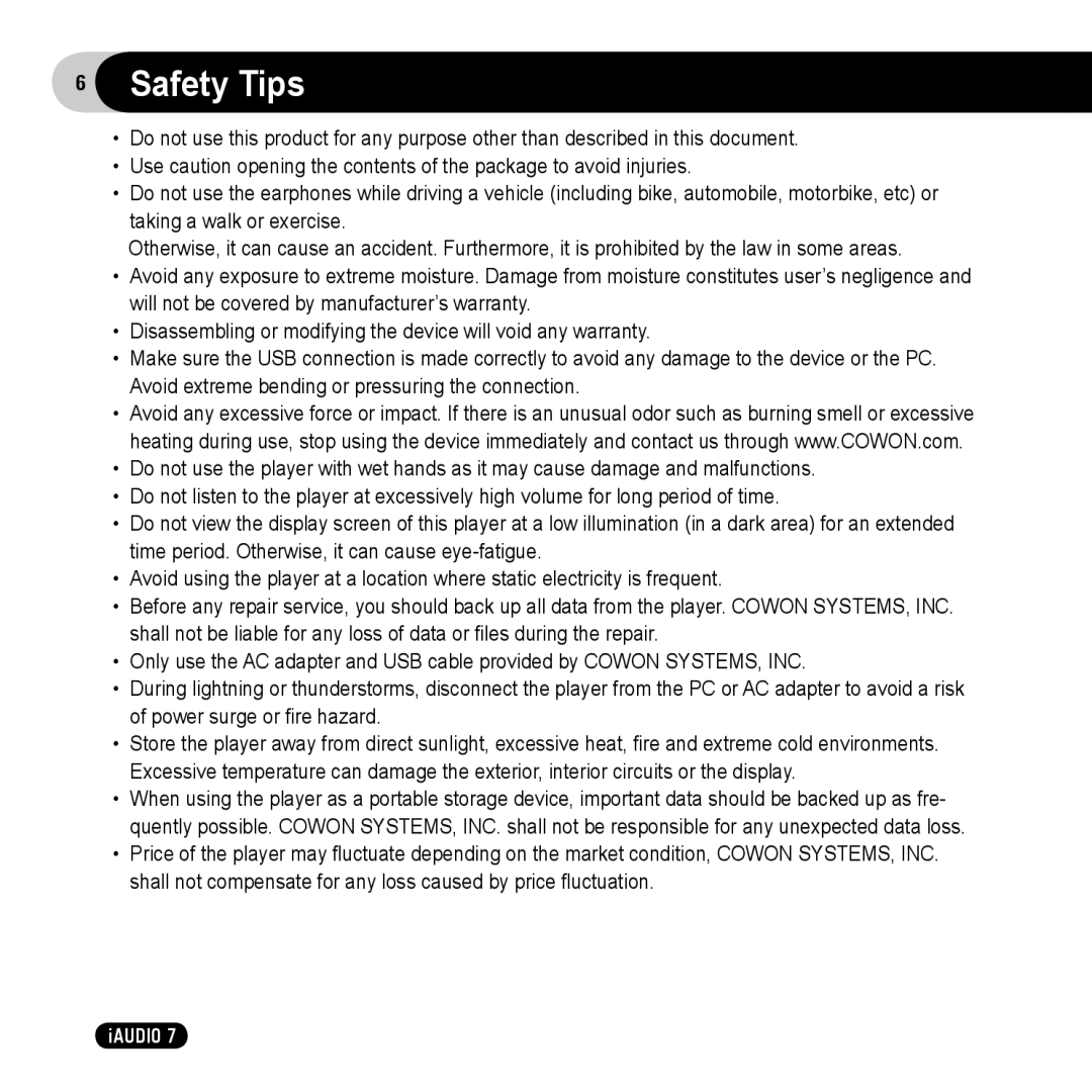 Cowon Systems 7 user manual Safety Tips 