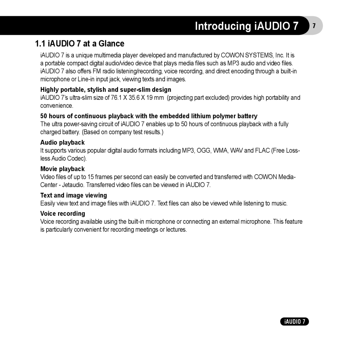 Cowon Systems user manual Introducing iAUDIO, IAUDIO 7 at a Glance 