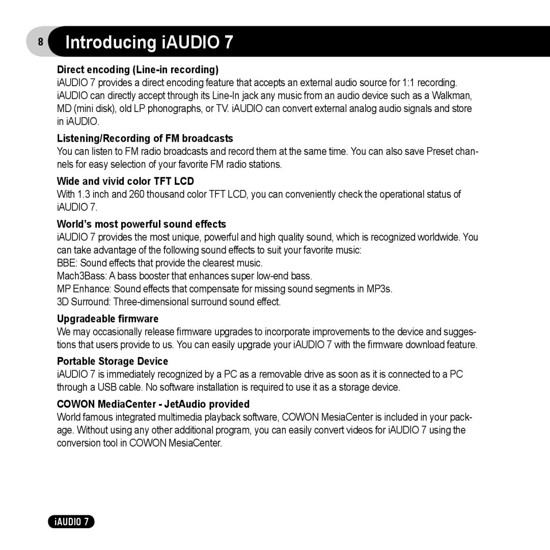 Cowon Systems 7 user manual Introducing iAUDIO 