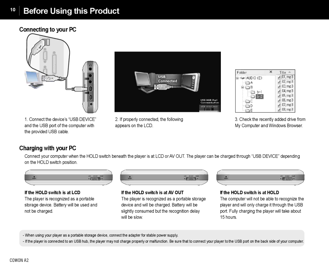 Cowon Systems A2 manual Connecting to your PC, Charging with your PC, If the Hold switch is at Hold 