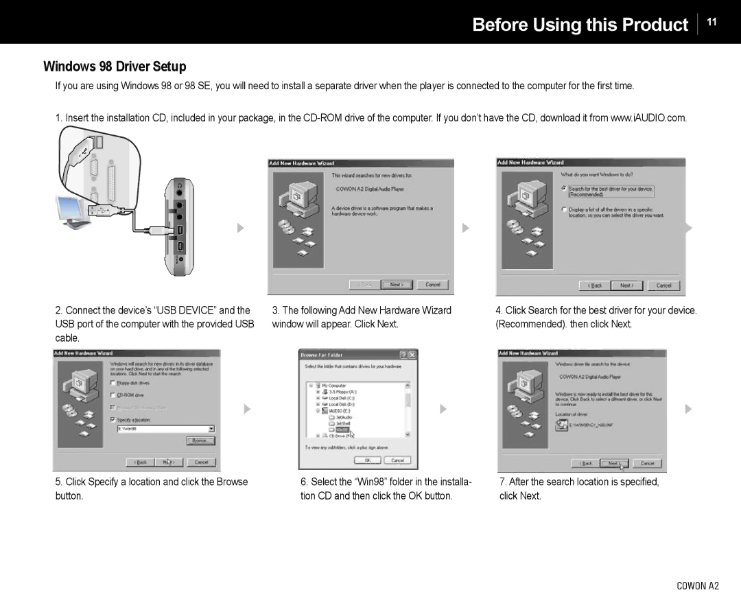 Cowon Systems A2 manual Windows 98 Driver Setup 