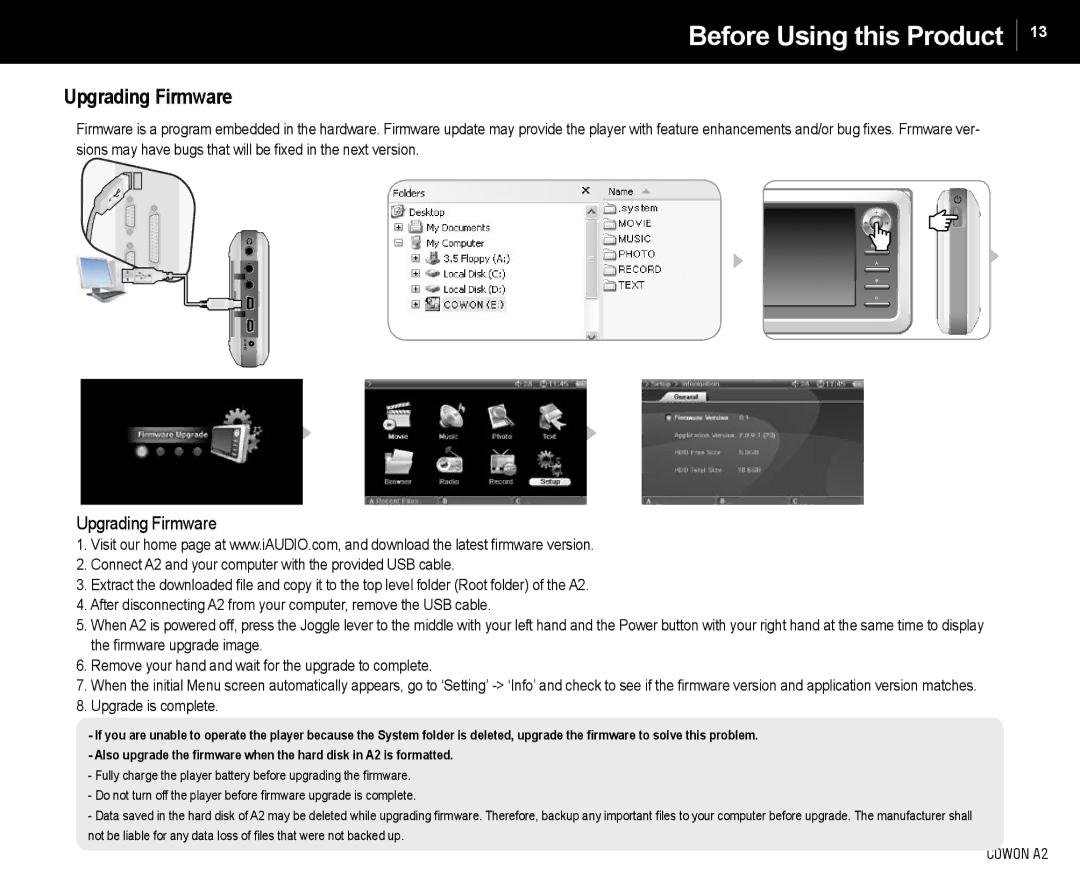 Cowon Systems A2 manual Upgrading Firmware, Upgrade is complete 