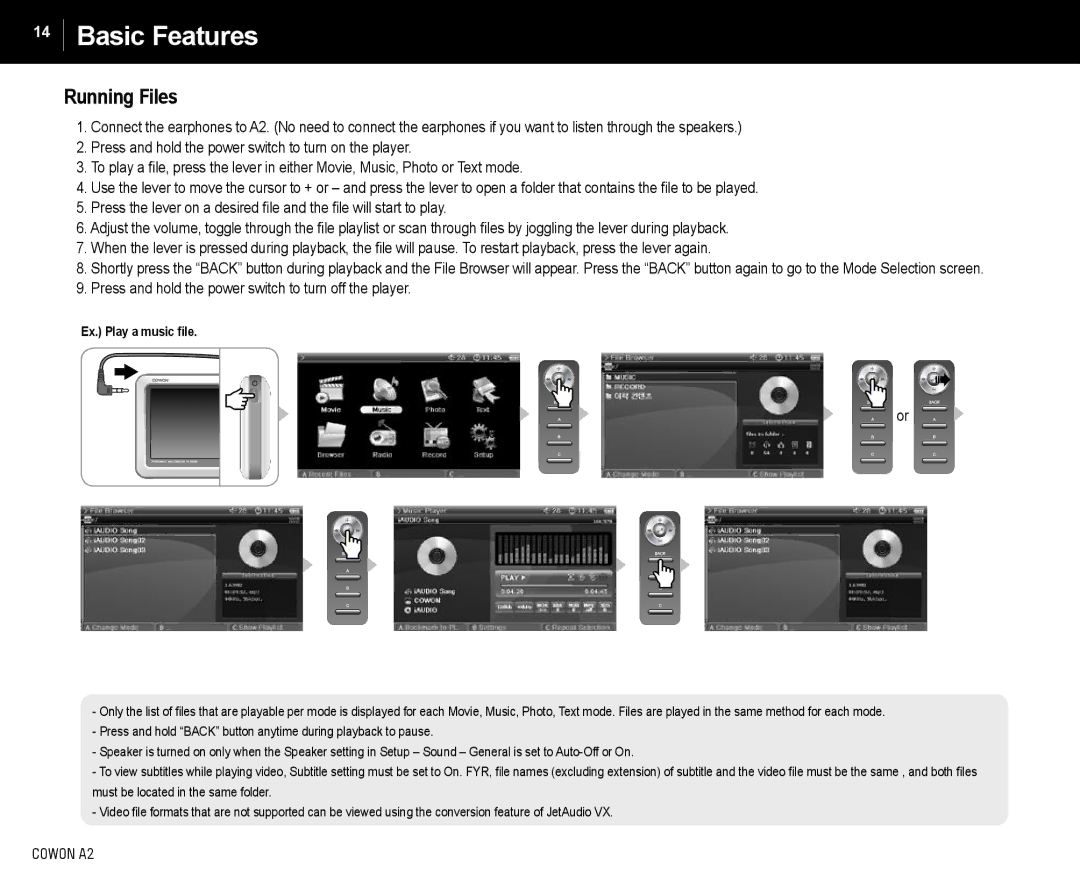 Cowon Systems A2 manual Basic Features, Running Files, Press and hold the power switch to turn off the player 