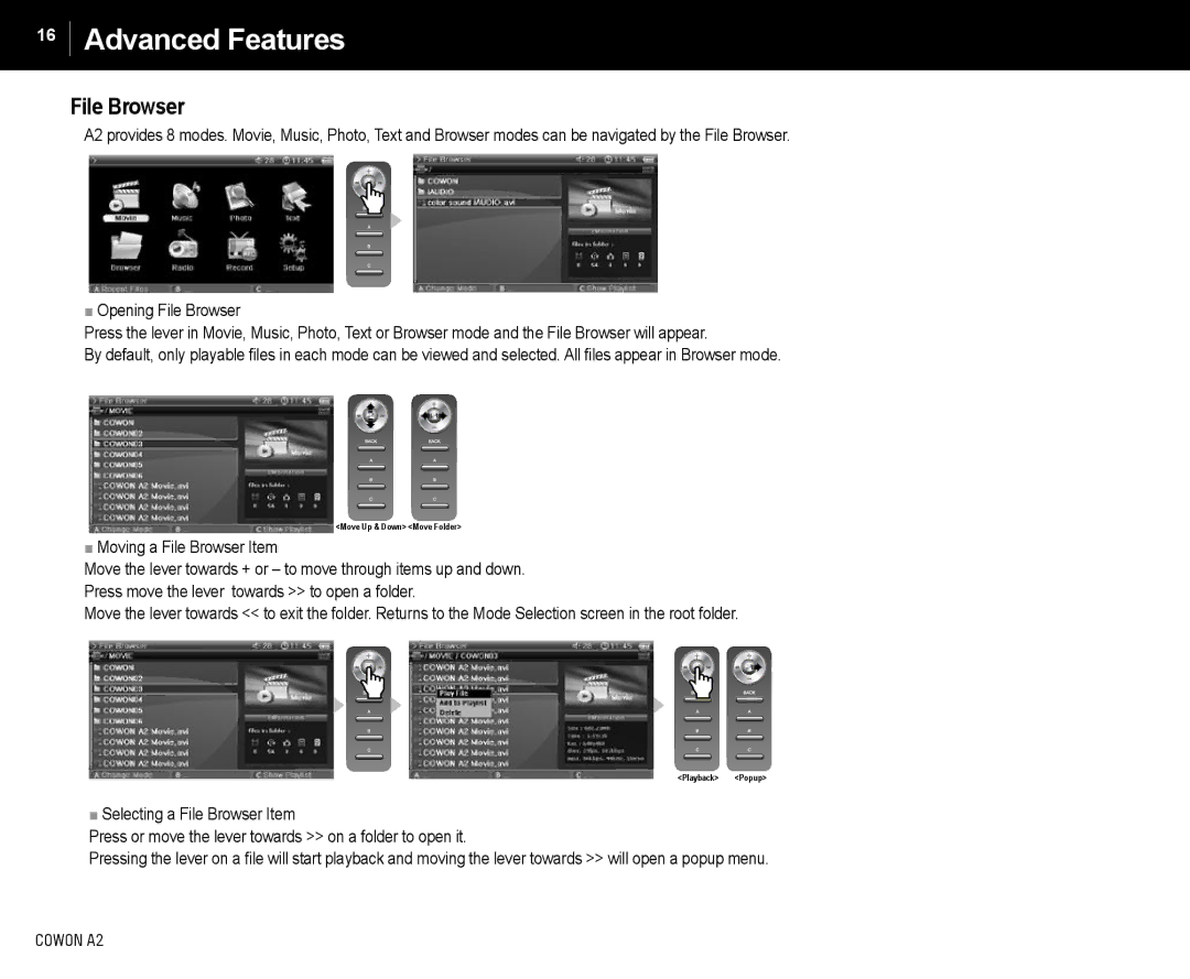 Cowon Systems A2 manual Advanced Features, Moving a File Browser Item 