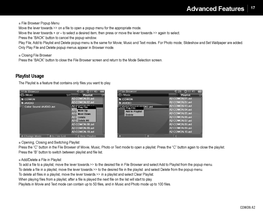 Cowon Systems A2 manual Playlist Usage 