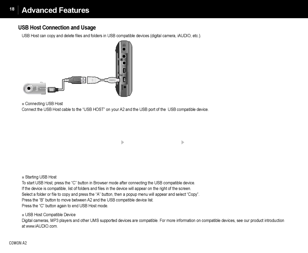 Cowon Systems A2 manual USB Host Connection and Usage 